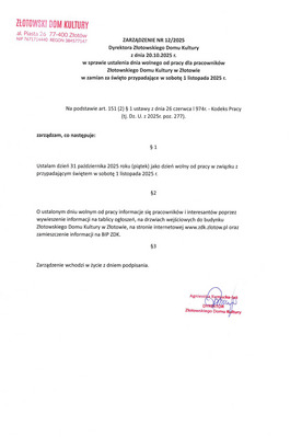 Zarządzenie nr 12/2025 z dnia 20.10.2025